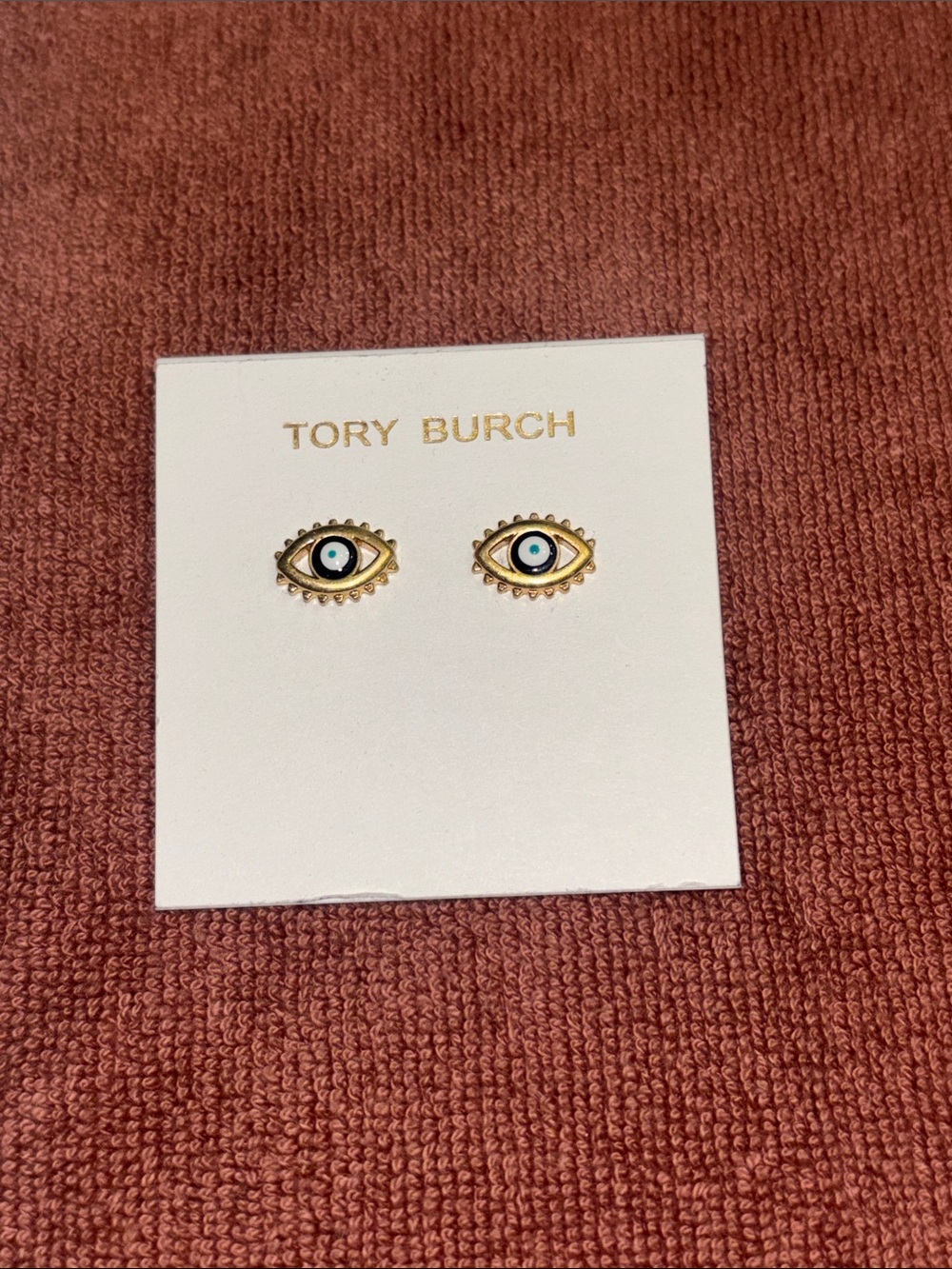 Tory Burch Gold Eye Stud Earrings with Blue and White Enamel